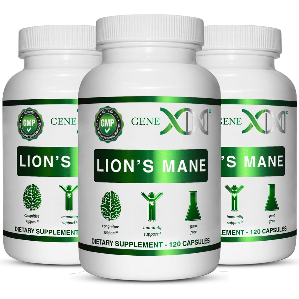 Genex Formulas Lions Mane bottle highlights brain support for focus and daily energy