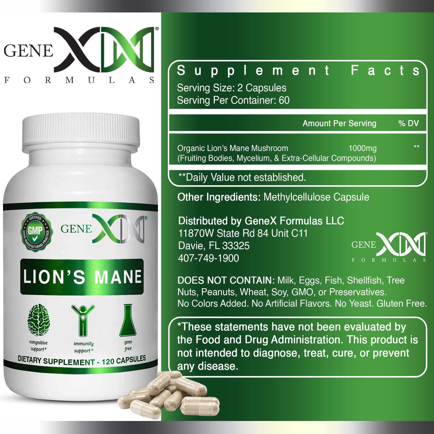 Genex Lions Mane label close-up shows organic ingredients and capsule count