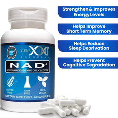 Genex Formulas NAD+ bottle side shows dosage and supplement facts