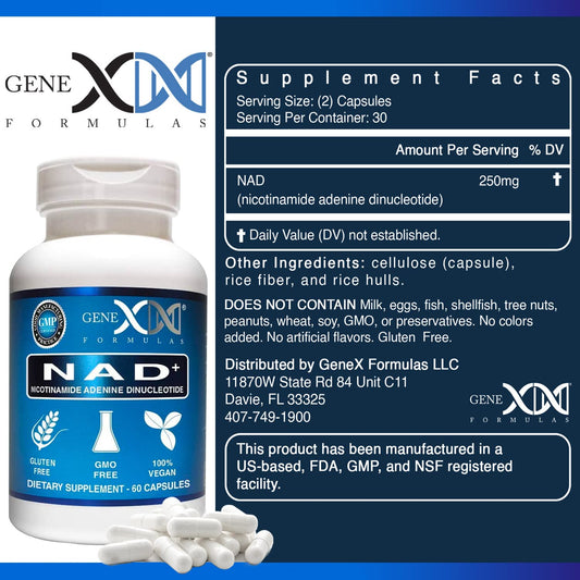 Genex Formulas NAD+ capsules closeup highlighting pure NAD+ content for potential cellular energy