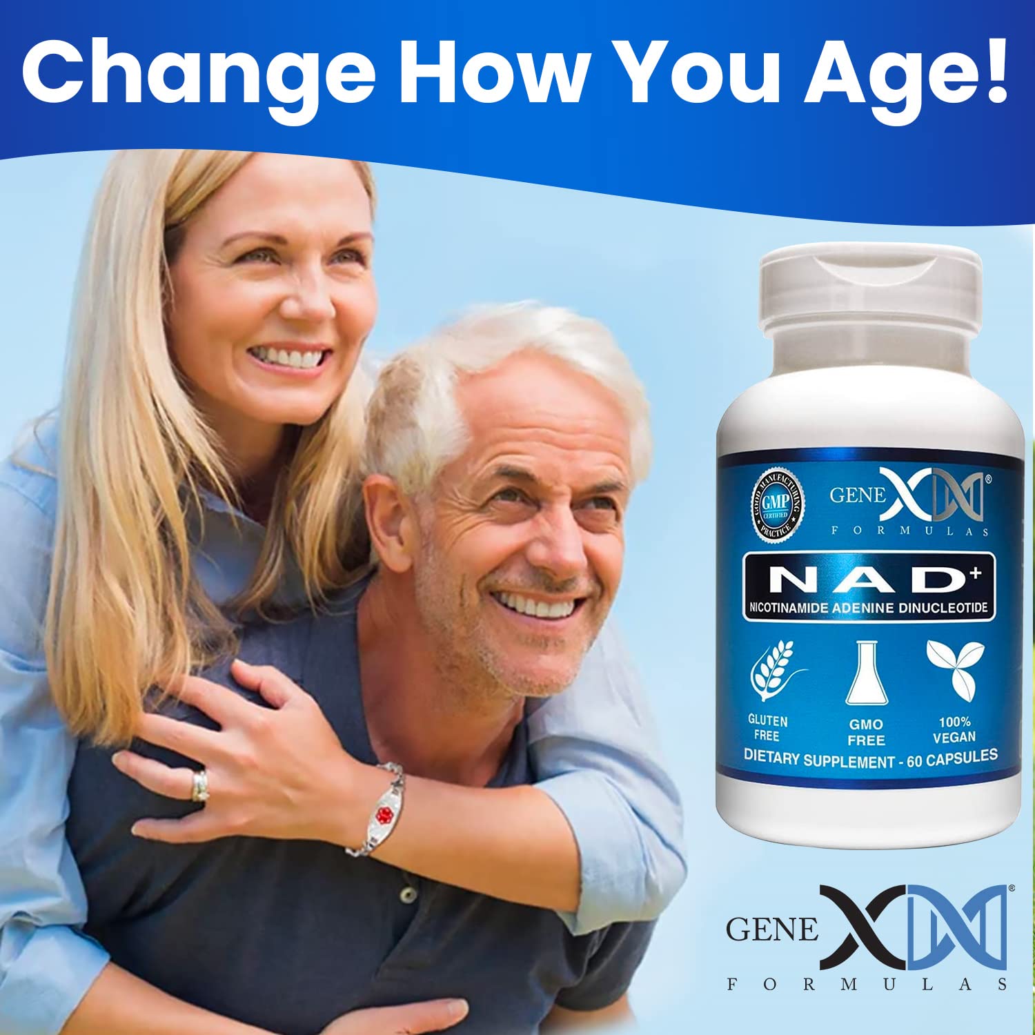 Genex Formulas NAD+ non-GMO and vegan icons on label