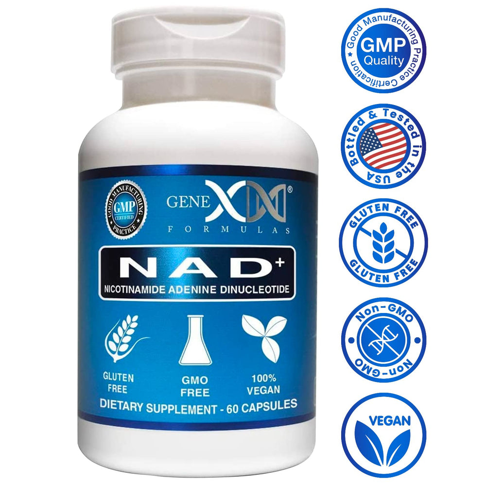 Genex Formulas NAD+ packaging stack demonstrates compact, travel-friendly packaging