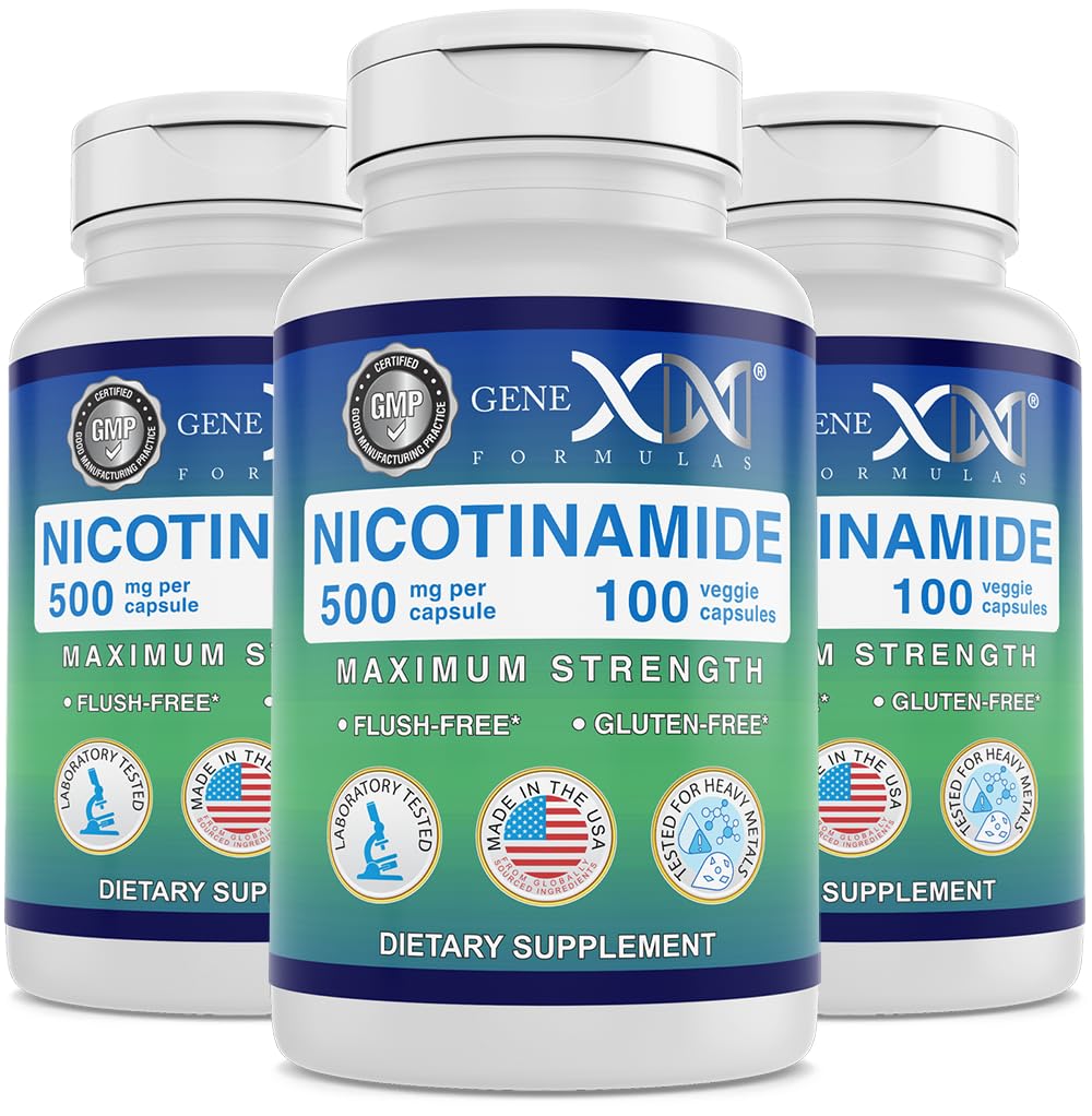 Genex Formulas Nicotinamide 500mg bottle shows skin-supporting supplement for daily use.