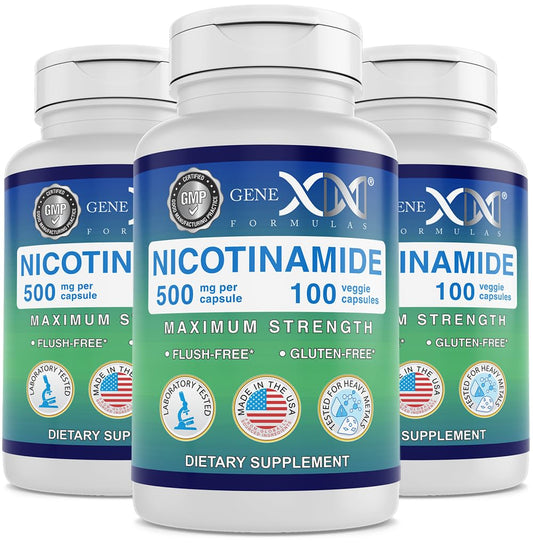 Genex Formulas Nicotinamide 500mg bottle shows skin-supporting supplement for daily use.