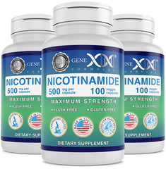 Genex Formulas Nicotinamide 500mg bottle shows skin-supporting supplement for daily use.