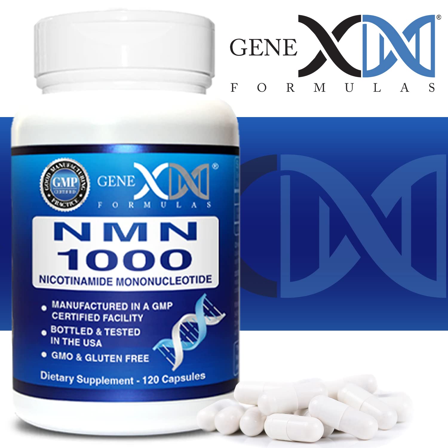 Genex Formulas NMN 1000mg ingredients list notes vegan and gluten-free profile.