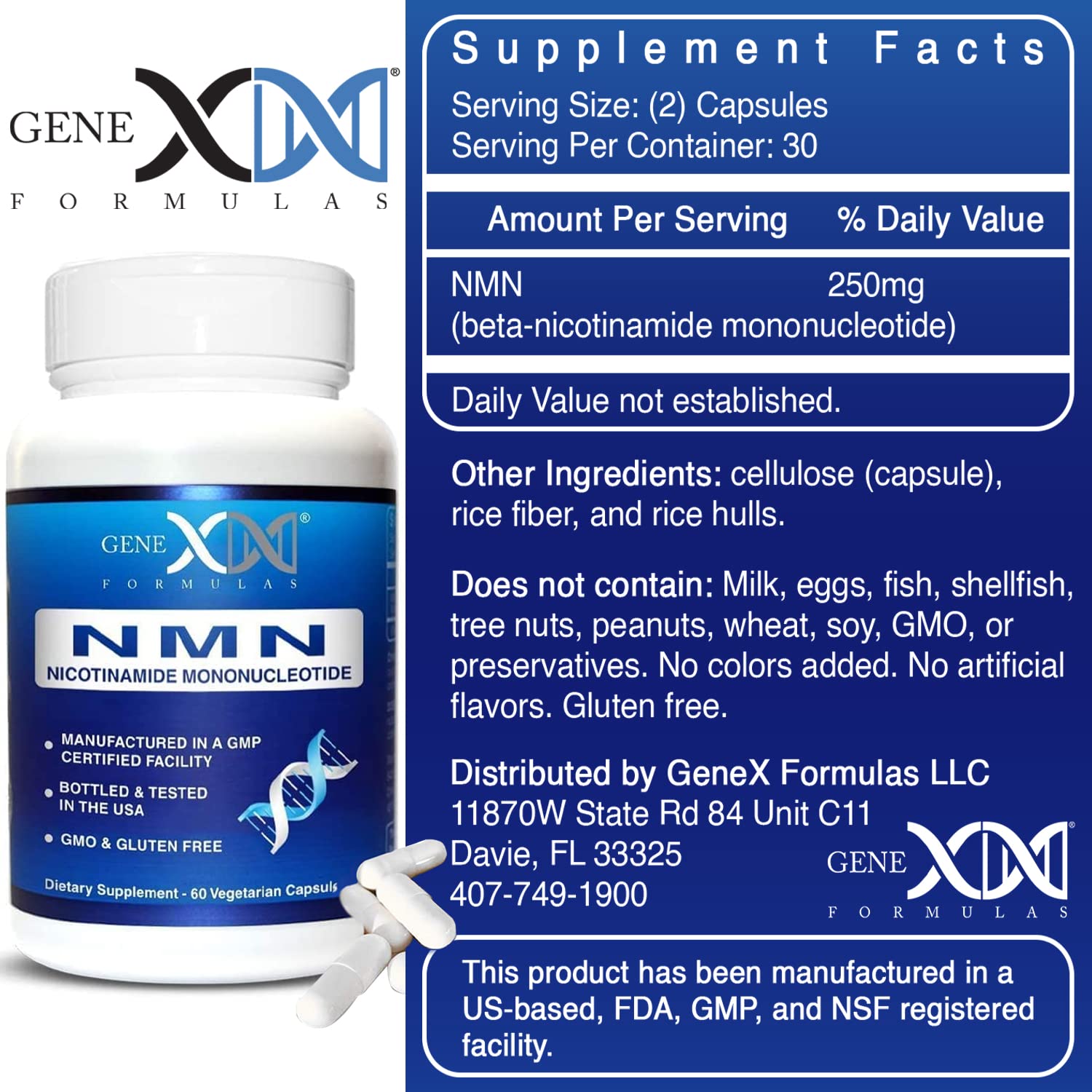 Genex Formulas NMN 250mg capsules close-up unflavored and easy to swallow