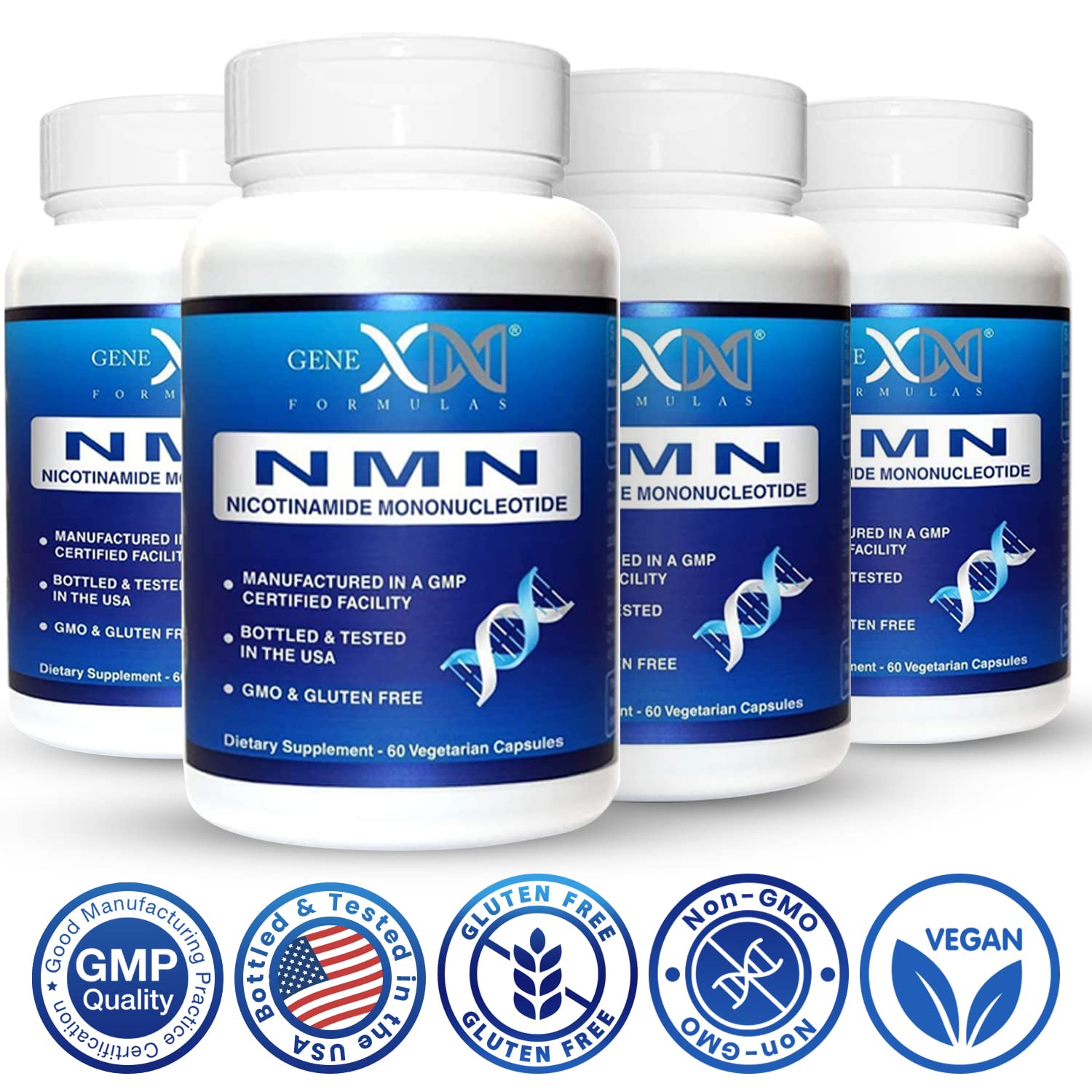 Genex Formulas NMN packaging notes Non-GMO, gluten-free and vegan claims