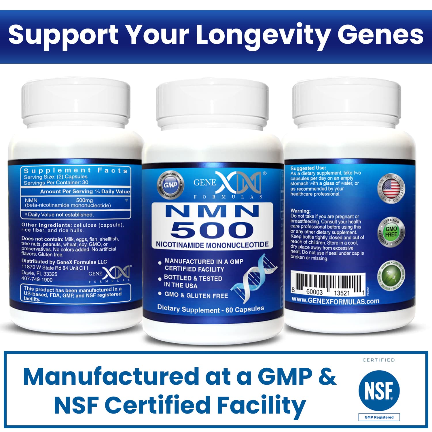 Genex Formulas NMN 500mg COA label emphasizing transparency and QA.