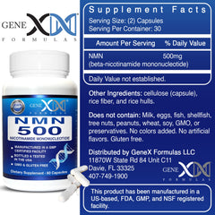 Genex Formulas NMN 500mg label with COA communicates quality and transparency.