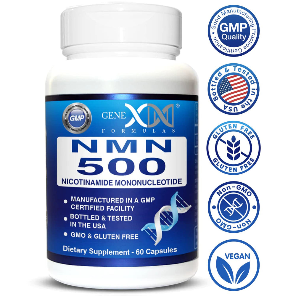 Genex Formulas NMN 500mg sealed cap close-up for freshness.