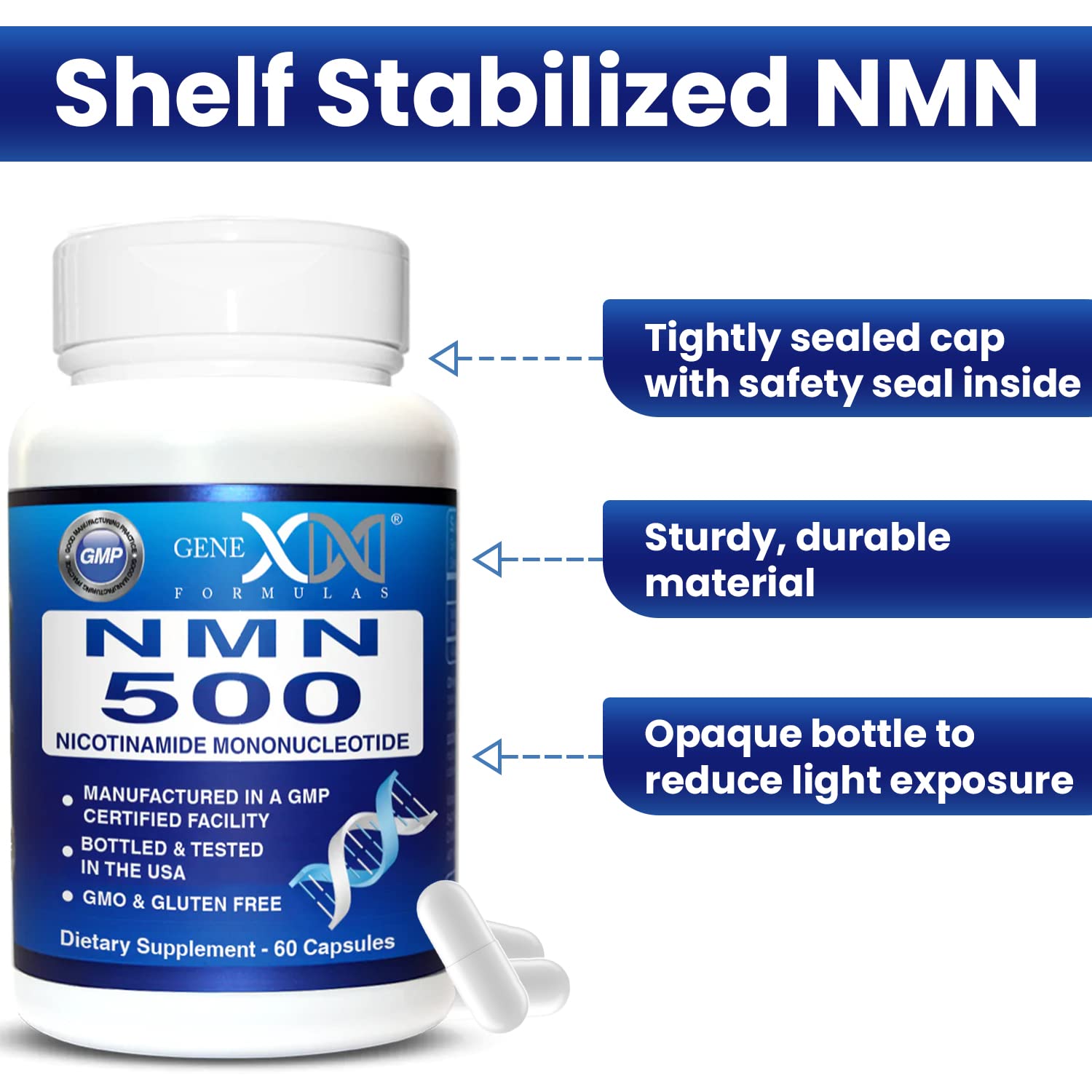 Genex Formulas NMN 500mg storage-packaging conveying durability and protection.