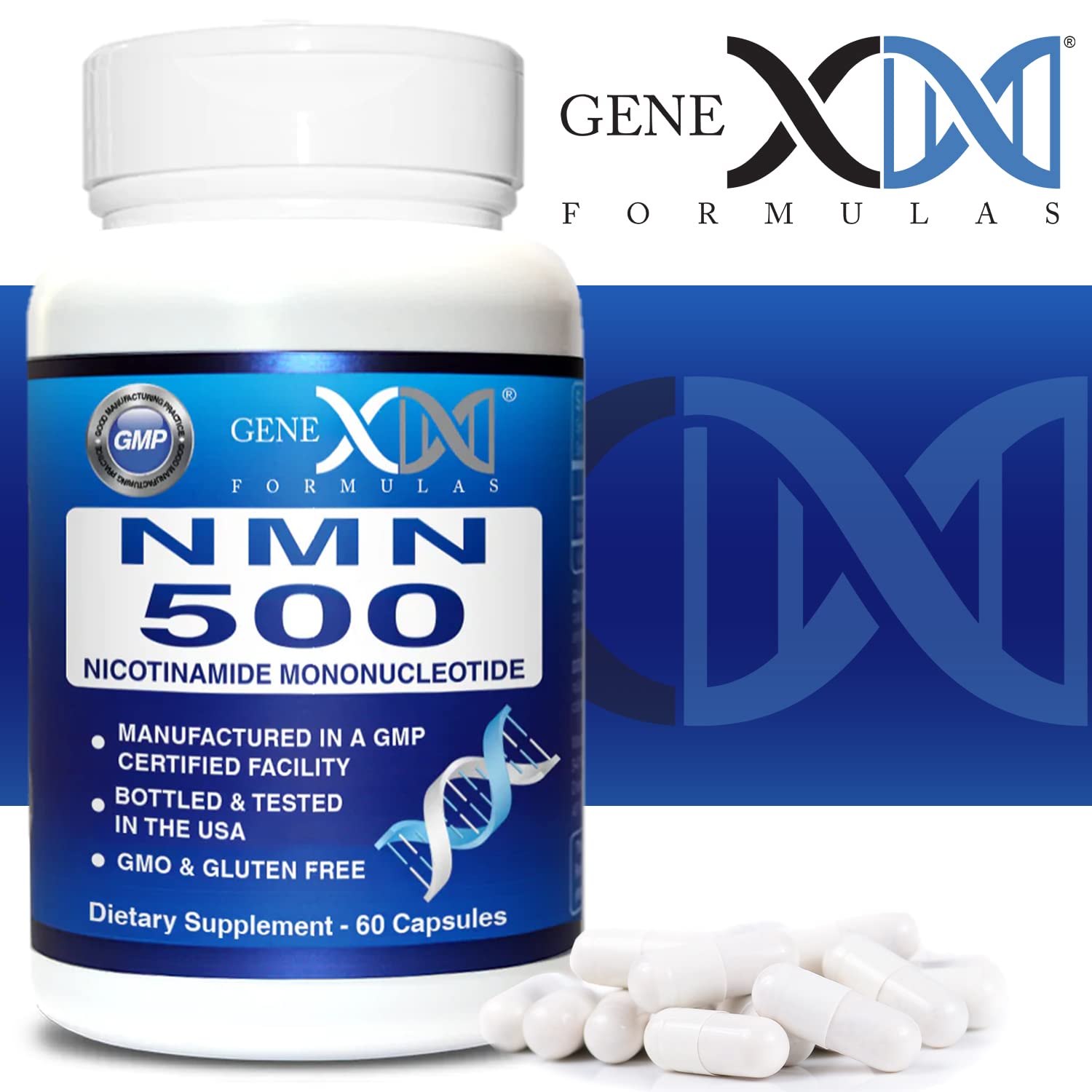 Genex Formulas NMN 500mg vegan non-GMO badge on packaging.