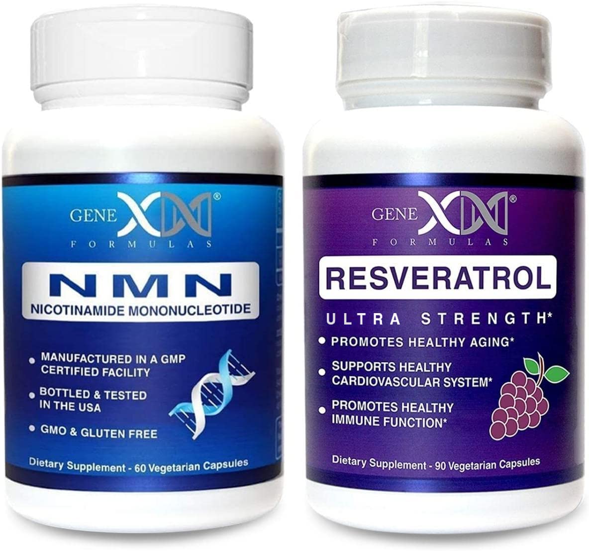 Genex Formulas NMN and Resveratrol duo bottle highlights stabilized packaging for freshness