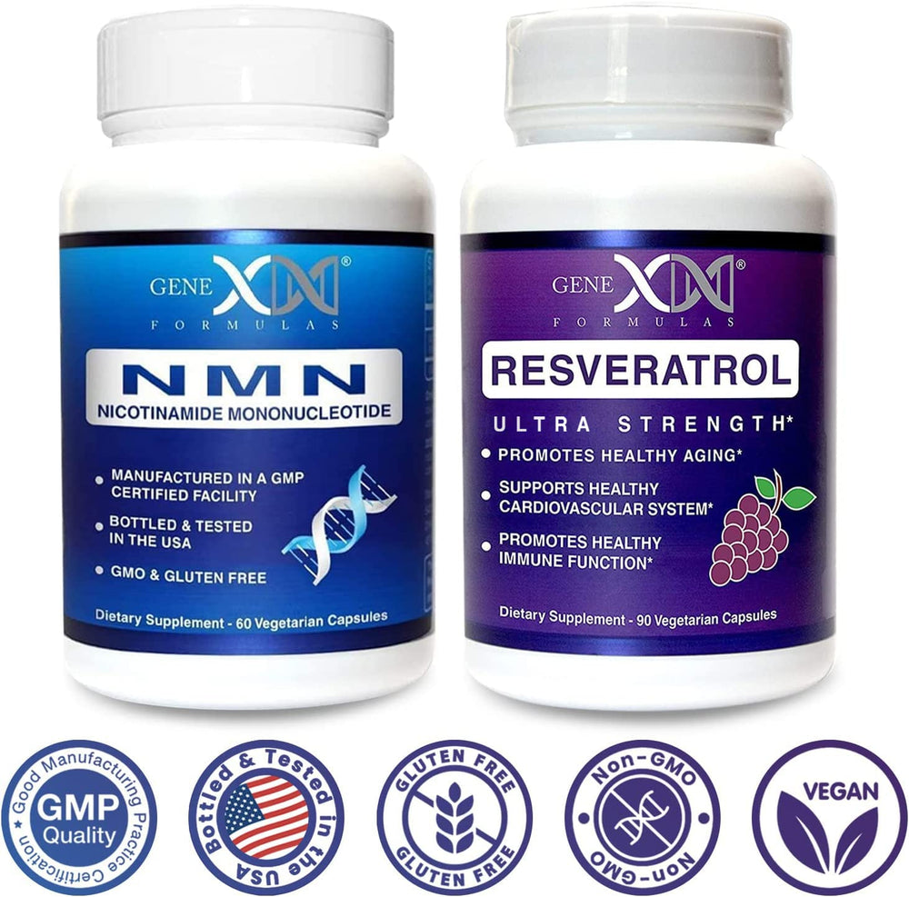 Genex Formulas NMN and Resveratrol label shows ingredients and quality standards