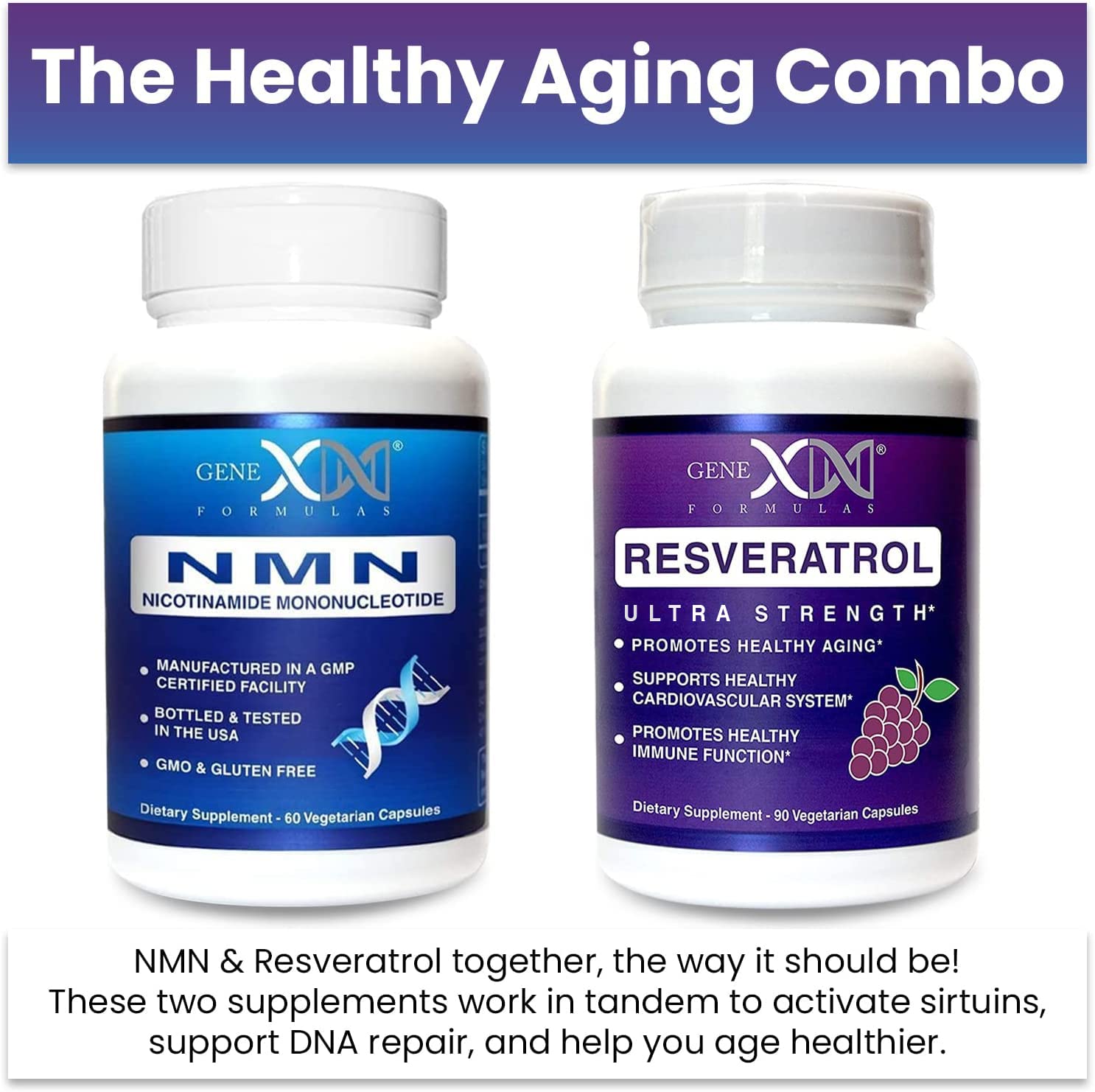 Genex Formulas NMN and Resveratrol packaging close-up emphasizes durable bottle