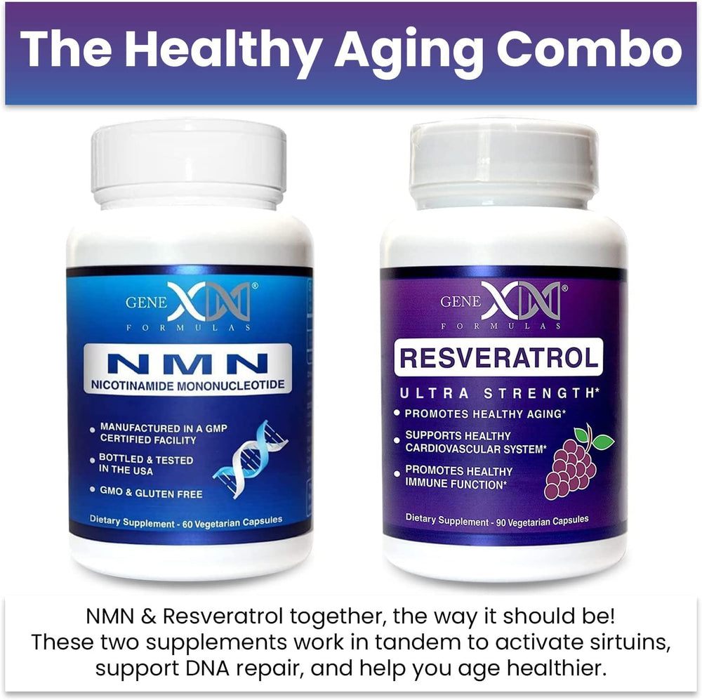 Genex Formulas NMN and Resveratrol packaging close-up emphasizes durable bottle