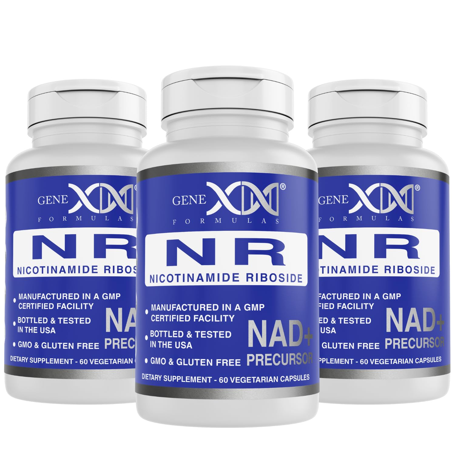 Genex Formulas NR bottle and packaging showing GMP-certified NAD+ support.