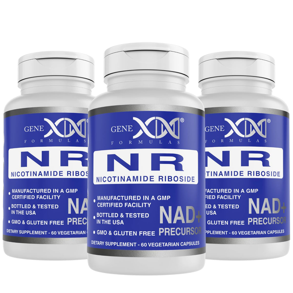 Genex Formulas NR bottle and packaging showing GMP-certified NAD+ support.