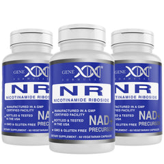 Genex Formulas NR bottle and packaging showing GMP-certified NAD+ support.