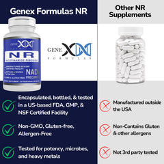 Genex Formulas NR bottle with serving suggestion demonstrates easy daily regimen.