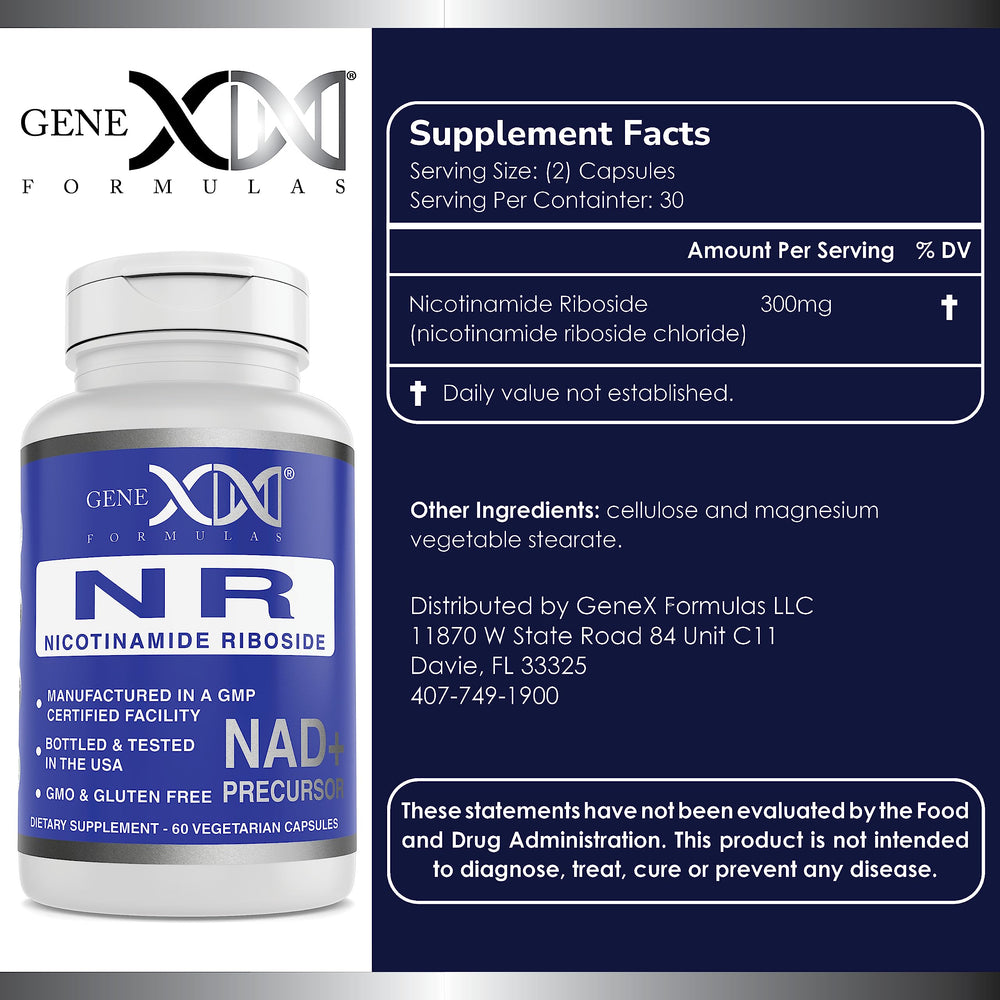 Genex Formulas NR capsules close-up highlighting 300 mg per serving for energy support.