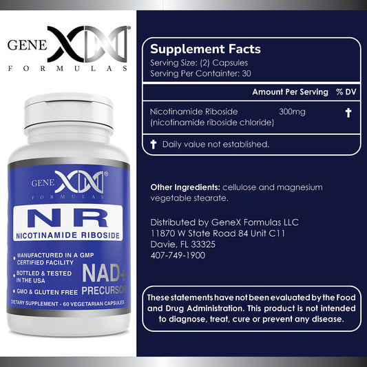 Genex Formulas NR capsules close-up highlighting 300 mg per serving for energy support.