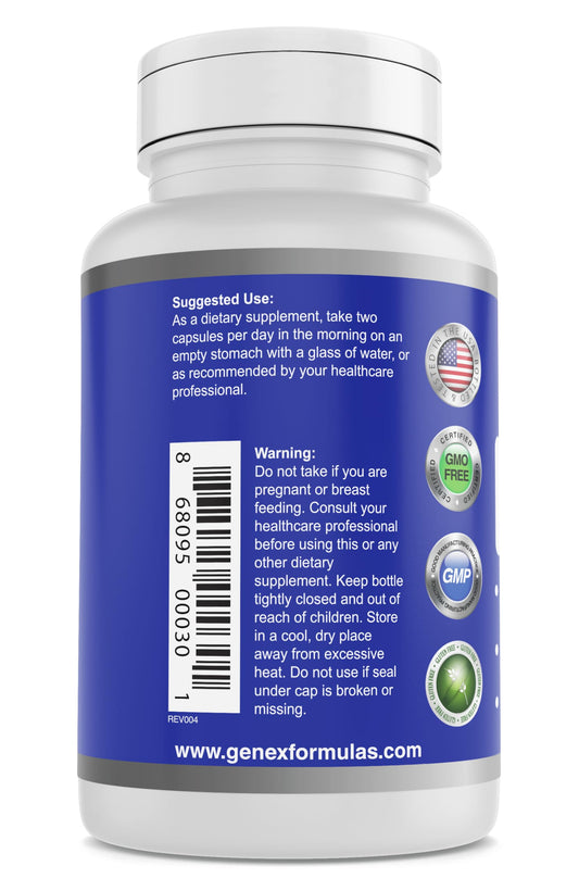 Genex Formulas NR capsules visible, illustrating a convenient 2-capsule daily serving.
