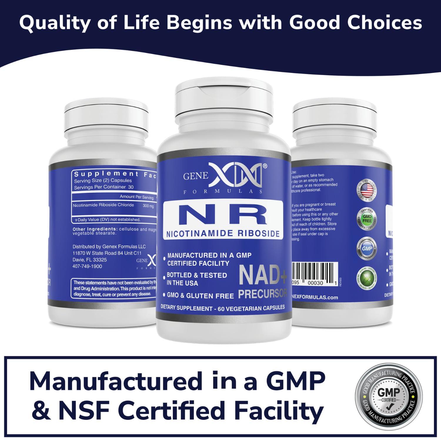 Genex Formulas NR packaging in a clean facility backdrop emphasizes quality.