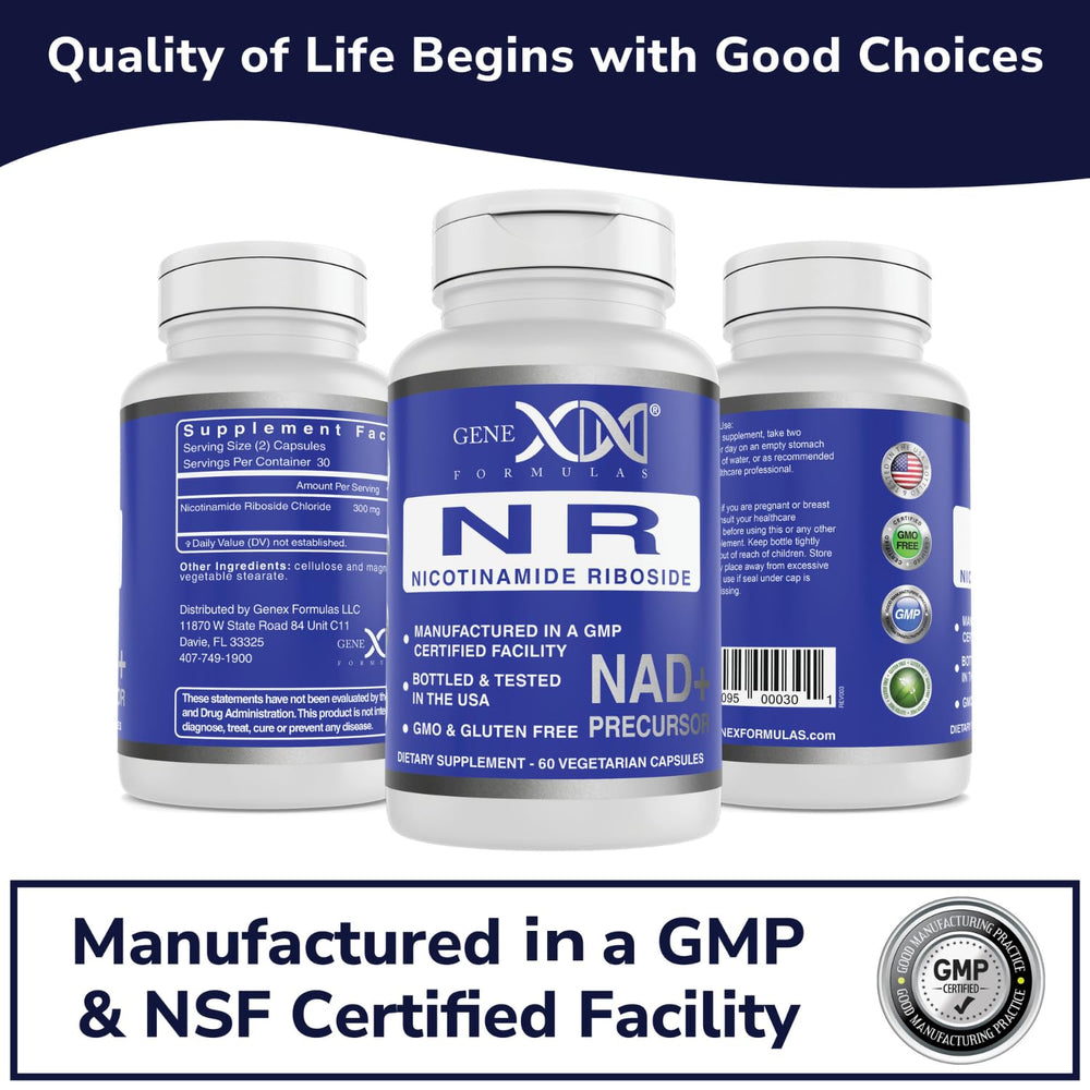 Genex Formulas NR packaging in a clean facility backdrop emphasizes quality.
