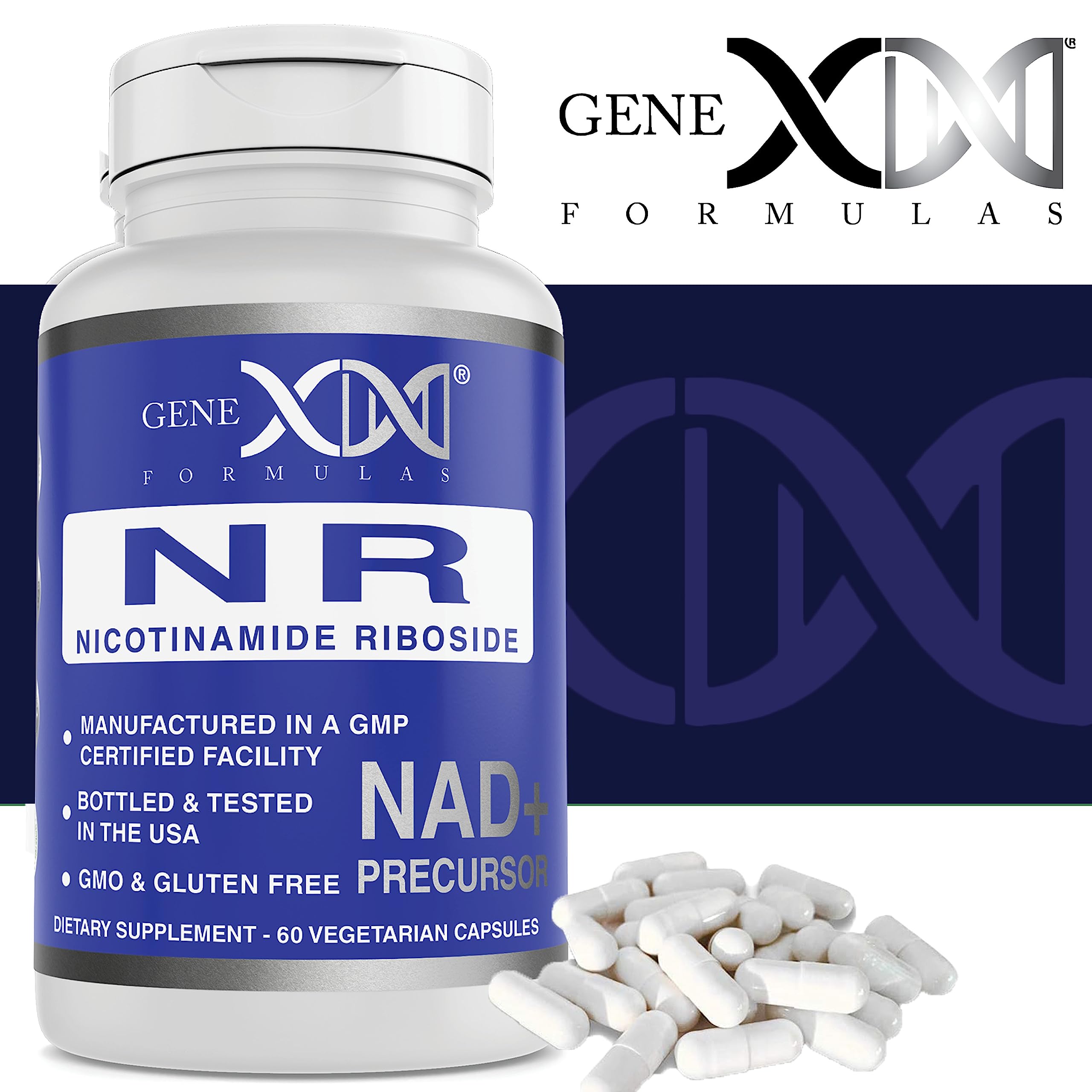 Genex Formulas NR vegetarian capsules on a clean surface.