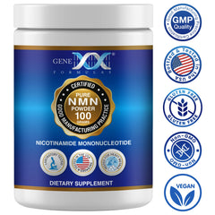Close-up of 99.9% pure NMN material in Genex Formulas branding