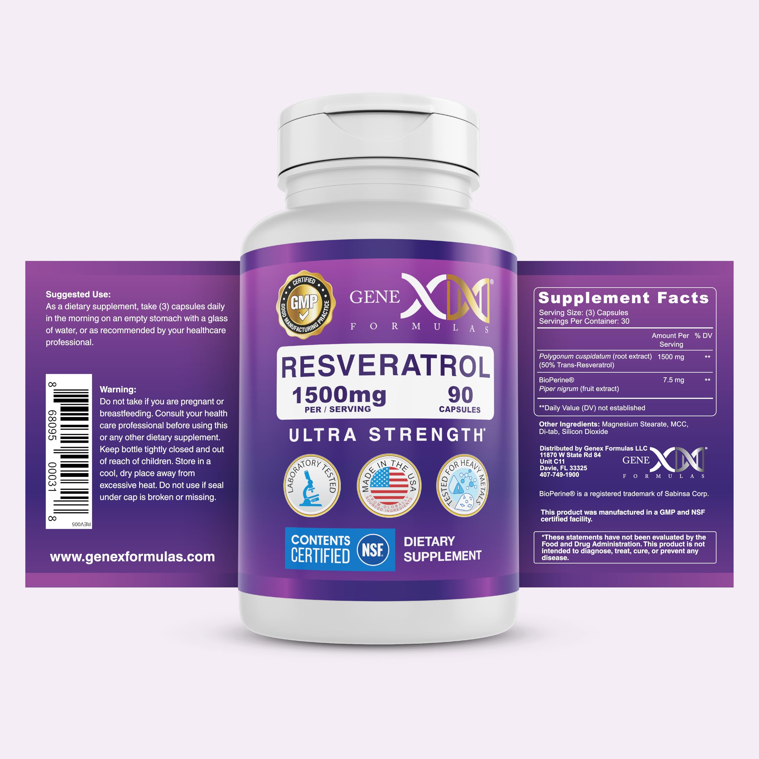 Genex Formulas Resveratrol bottle label illustrating NSF compliance and purity