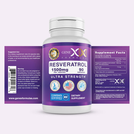 Genex Formulas Resveratrol bottle label illustrating NSF compliance and purity
