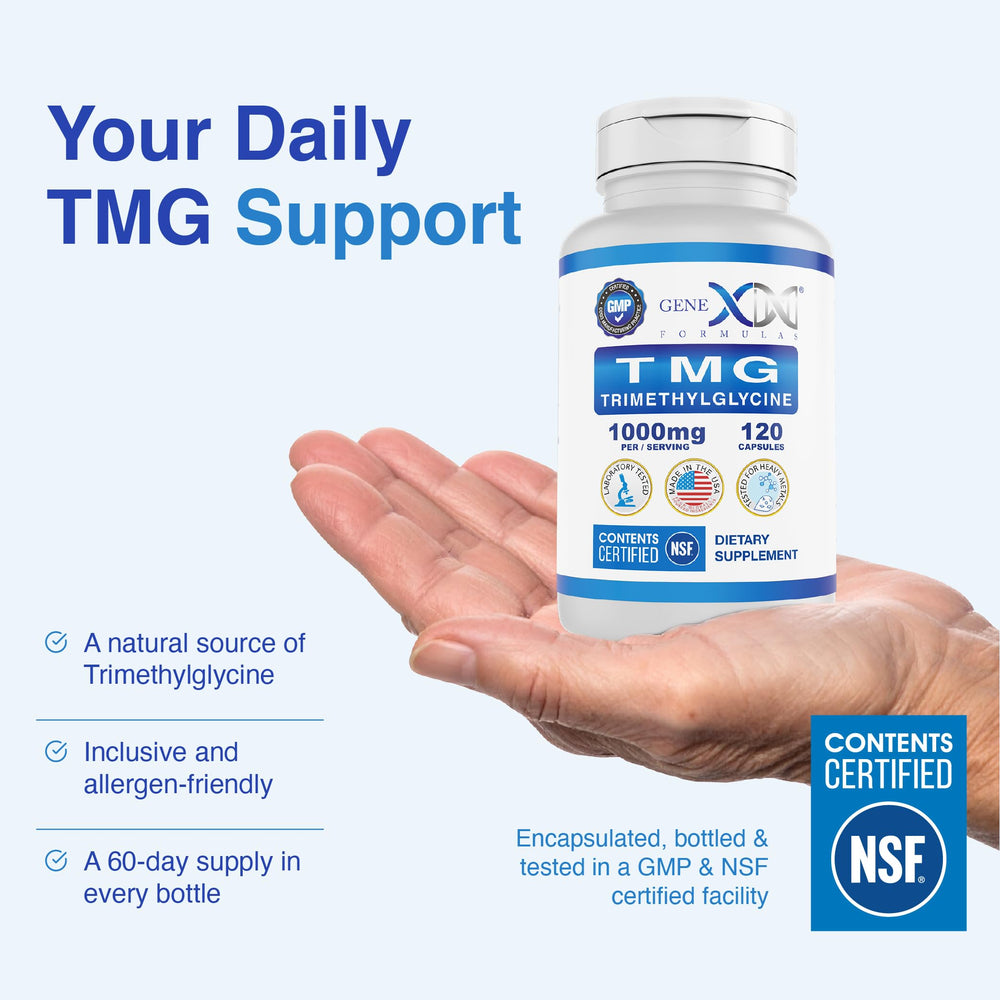 Genex Formulas TMG packaging showcases a clean, gluten-free and vegan-friendly supplement