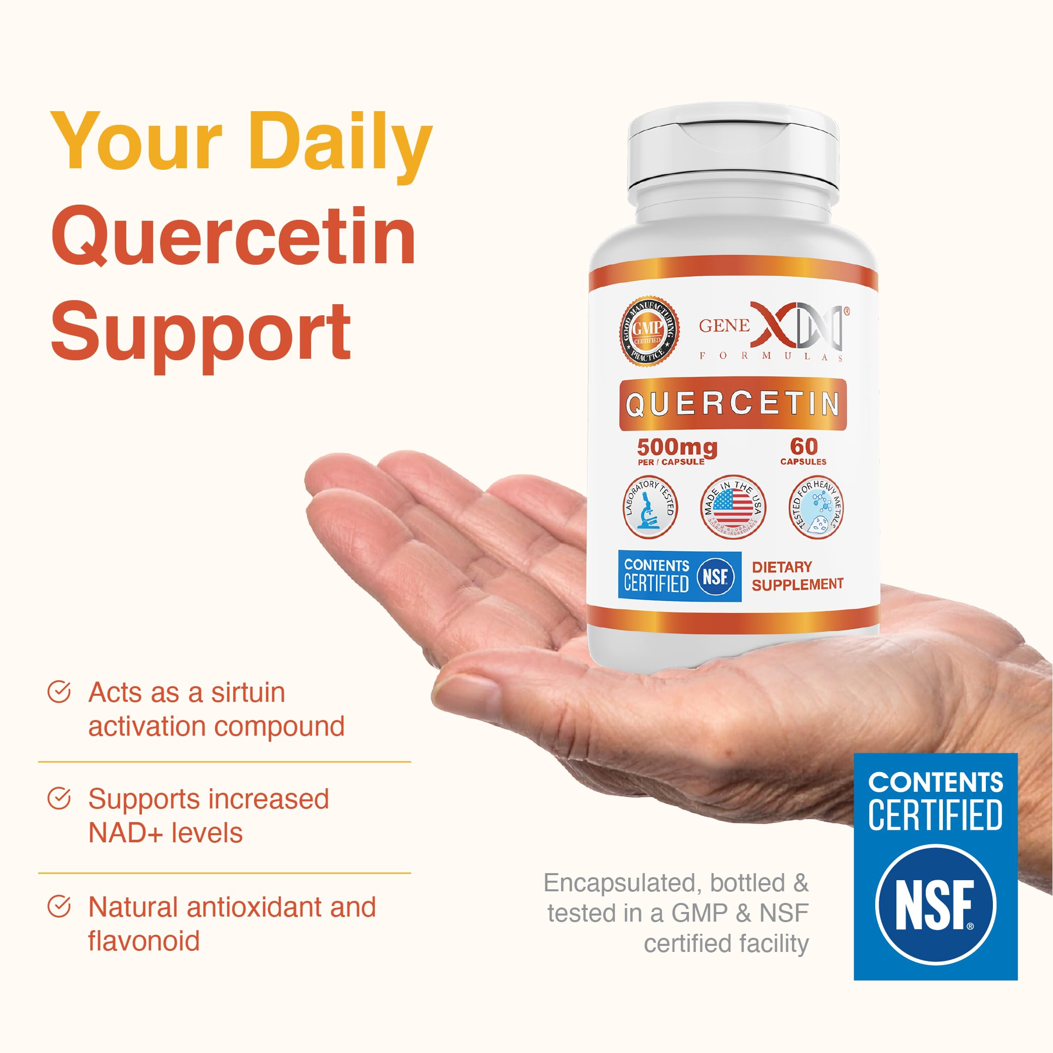 Genex Quercetin bottle back label showing 500 mg per capsule.