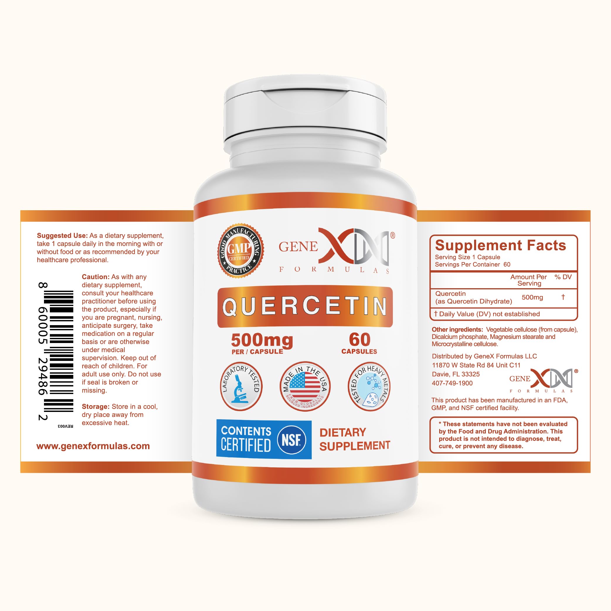 Genex Quercetin bottle front with non-GMO and gluten-free branding.