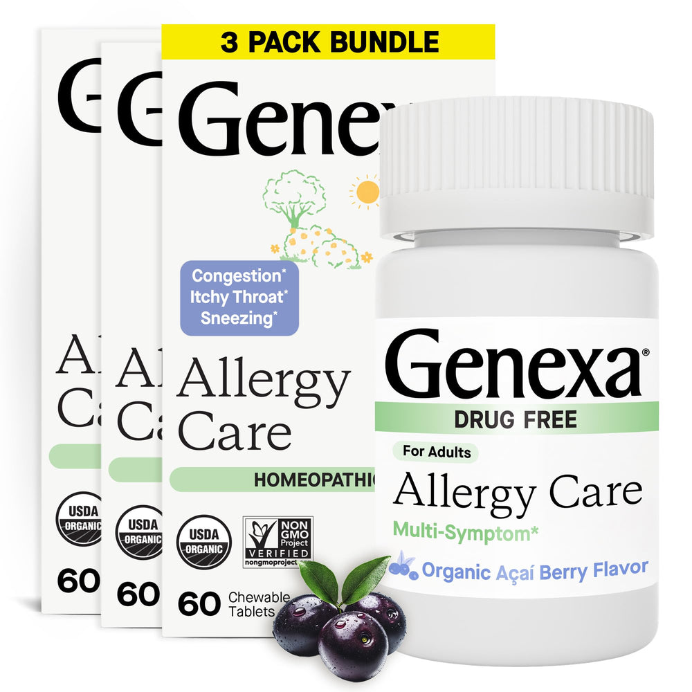 Genexa Allergy Care chewable acai berry tablets for multi-symptom relief.