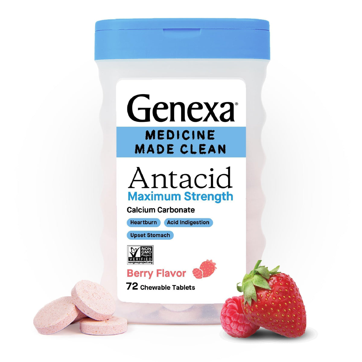 Genexa Antacid Maximum Strength bottle front view with clean, dye-free formula.
