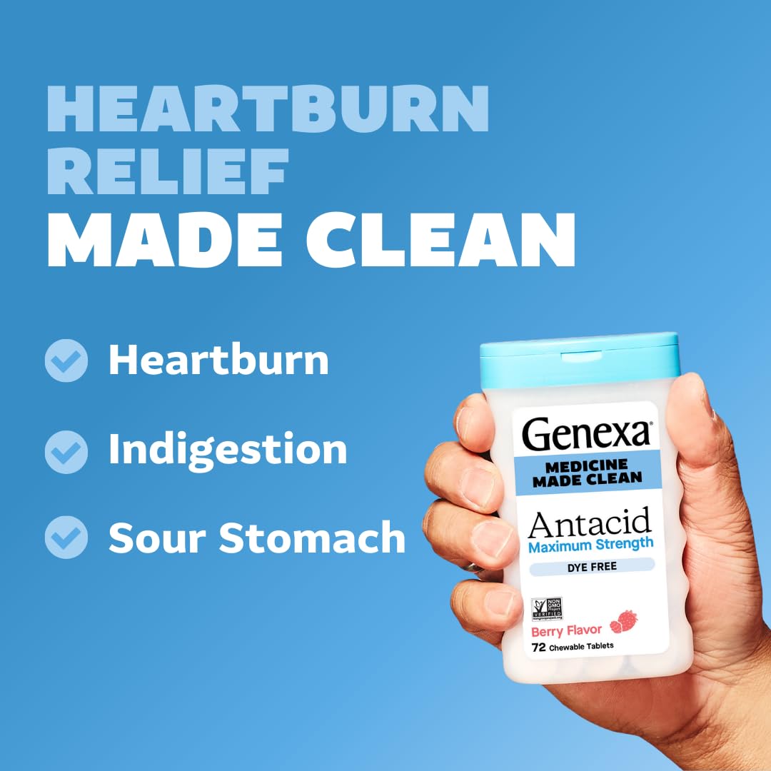 Genexa Antacid Maximum Strength bottle label shows vegan, gluten-free, non-GMO ingredients.