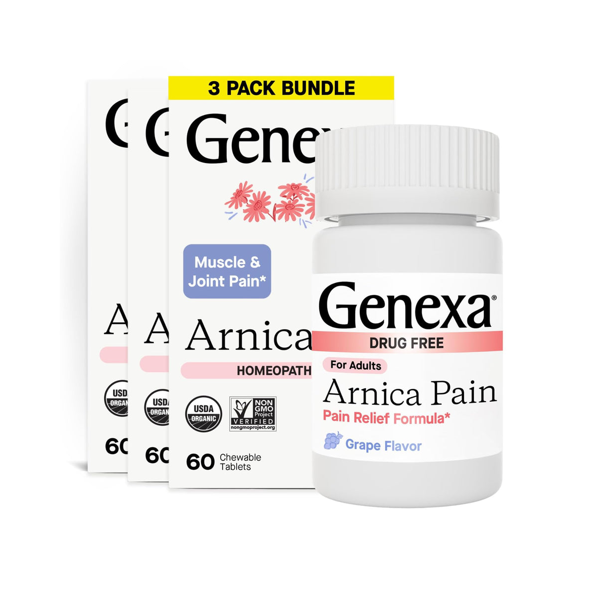 Genexa Arnica tablets front view for convenient pain relief.