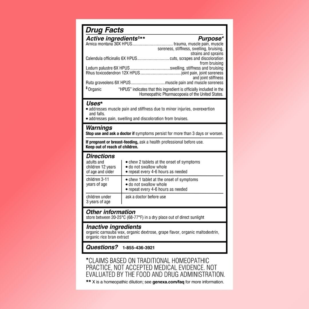 Genexa Arnica tablets made in USA with organic ingredients.