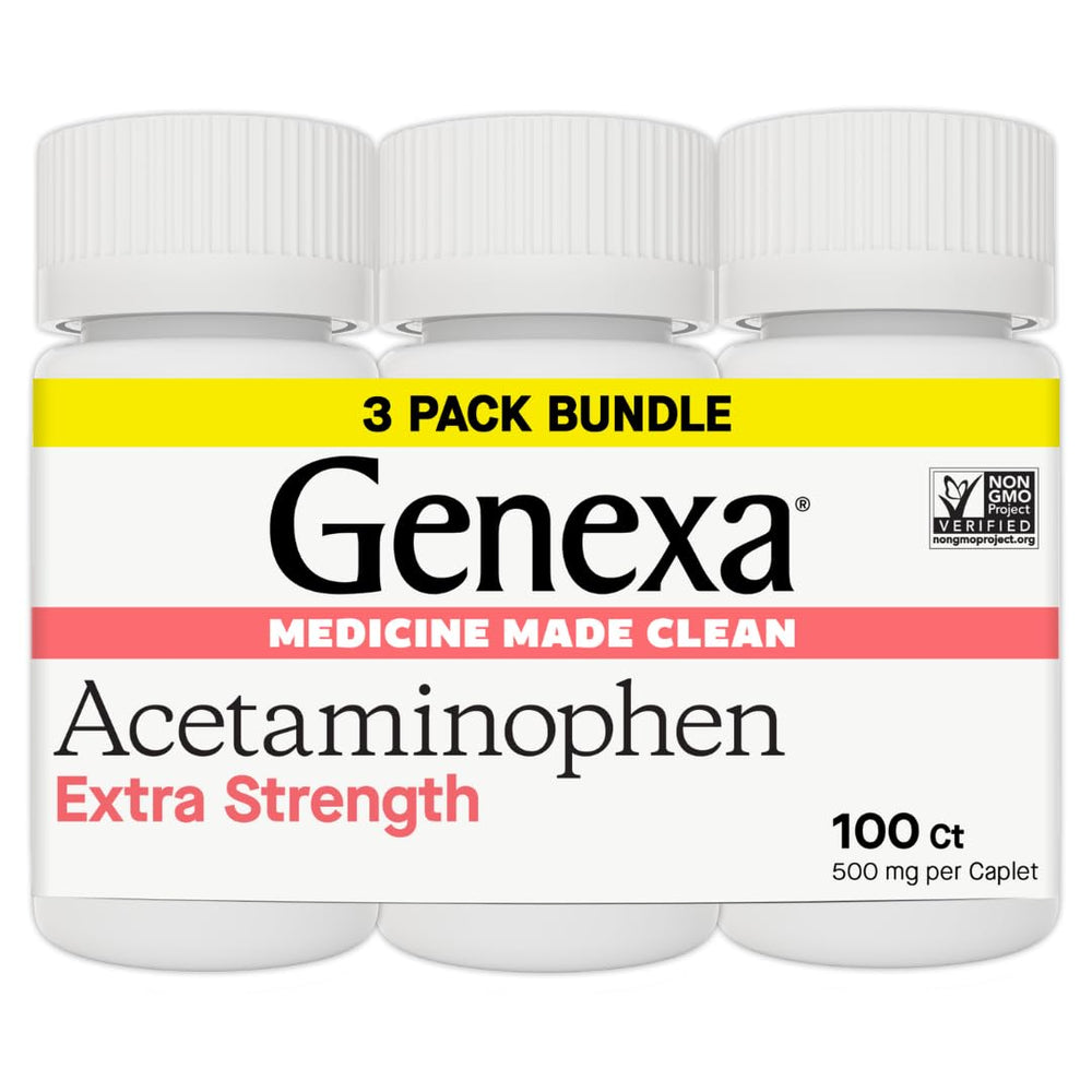 Genexa Clean Acetaminophen 500mg caplets in a bottle for dye-free relief.