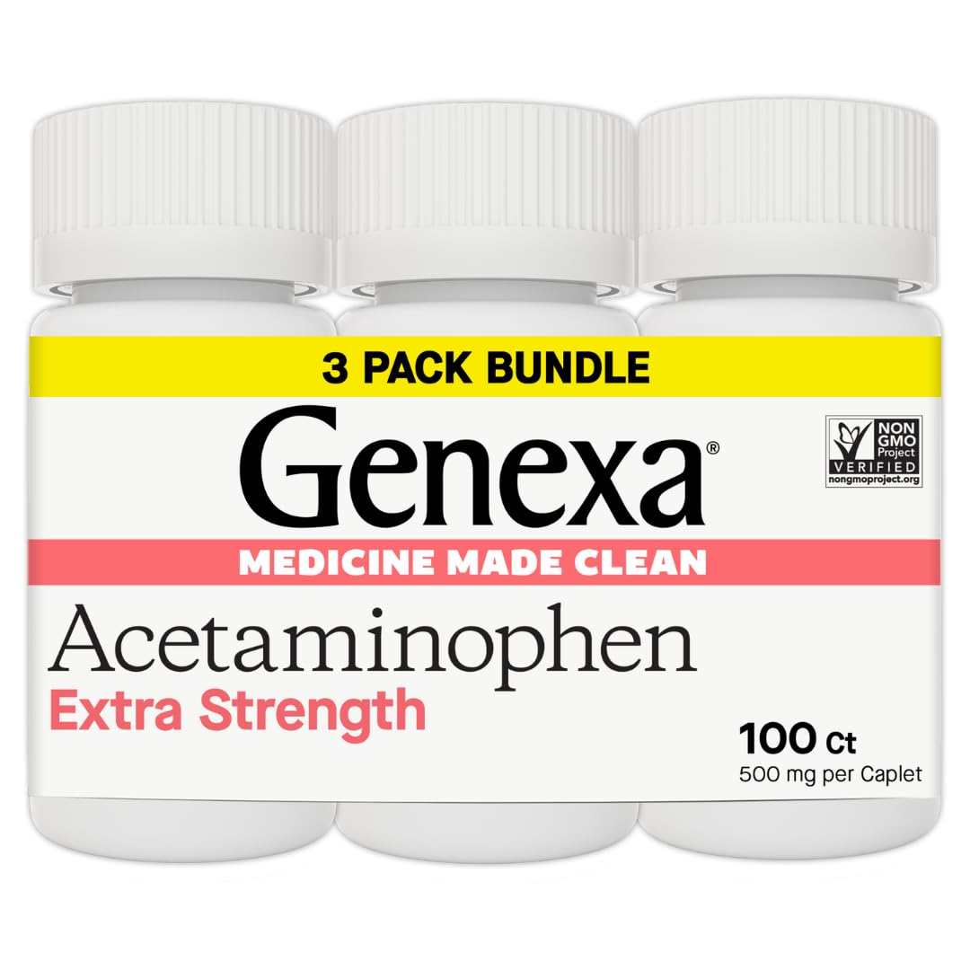 Genexa Clean Acetaminophen 500mg caplets in a bottle for dye-free relief.