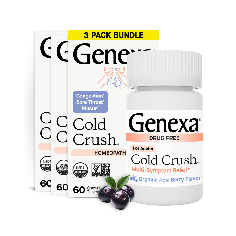 Genexa Cold Crush acai berry chewables bottle offers convenient, non-drowsy symptom support.