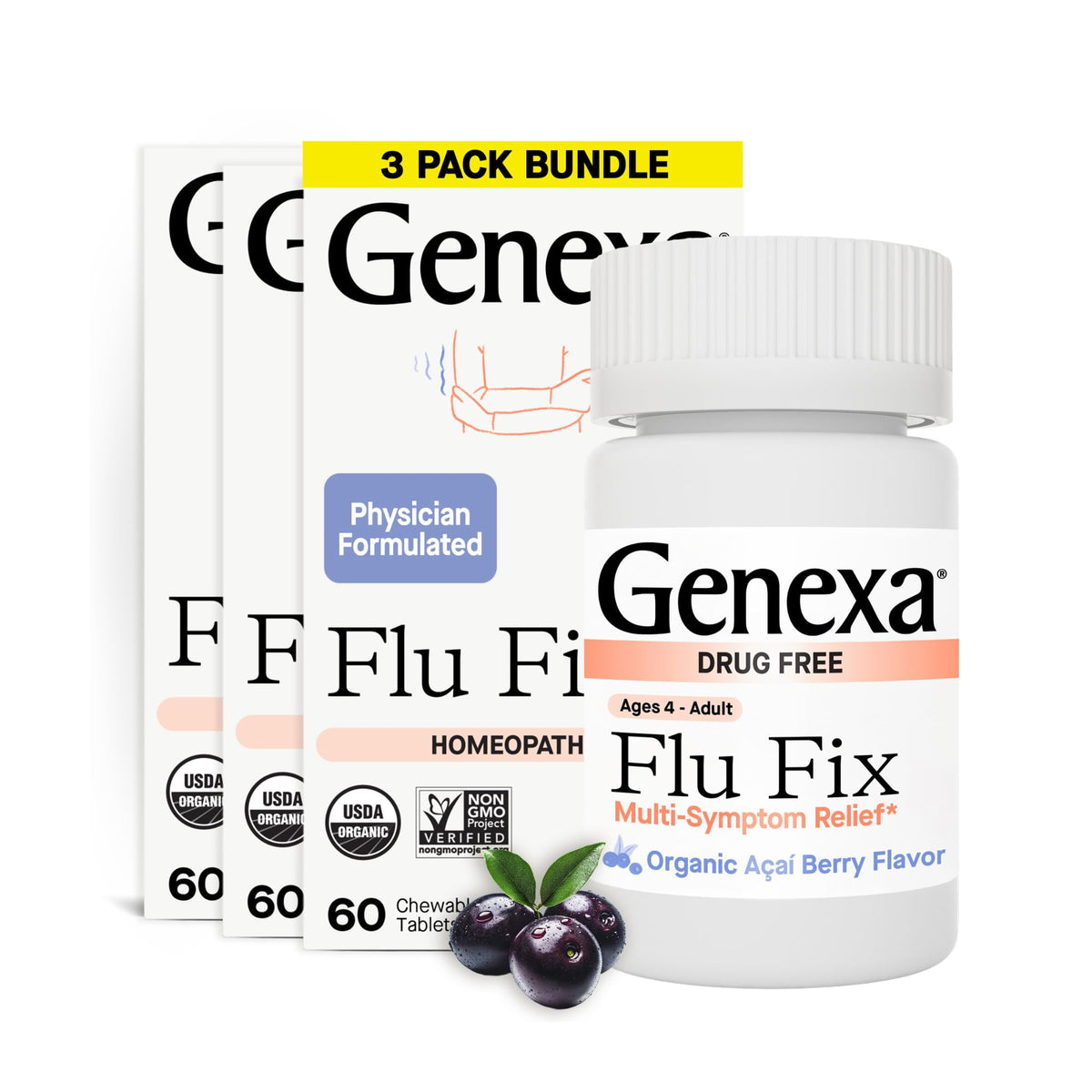 Genexa Flu Fix chewables in acai berry flavor designed for kids and adults.
