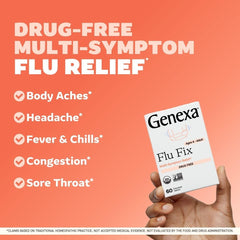 Genexa Flu Fix bottle front showcasing organic, non-drowsy formula.