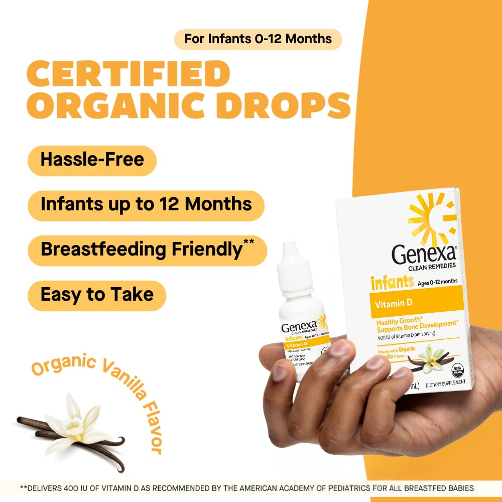 Label shows USDA Organic and Non-GMO certification on Genexa Vitamin D Drops.