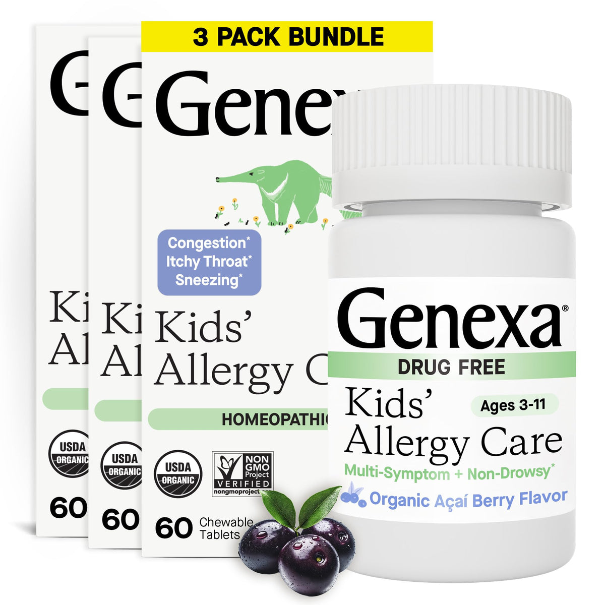 Genexa Kids Allergy Care acai flavor bottle shows clean, drug-free relief potential.