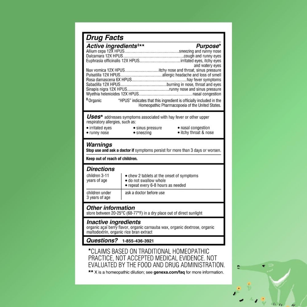 Genexa Kids Allergy Care packaging highlights artificial dye-free formula.